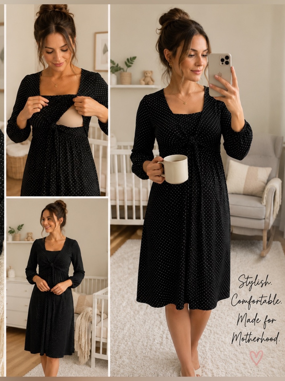 Boob Nursing Wear Black Polka Dot Dress Small Lyocell Long Sleeve Midi